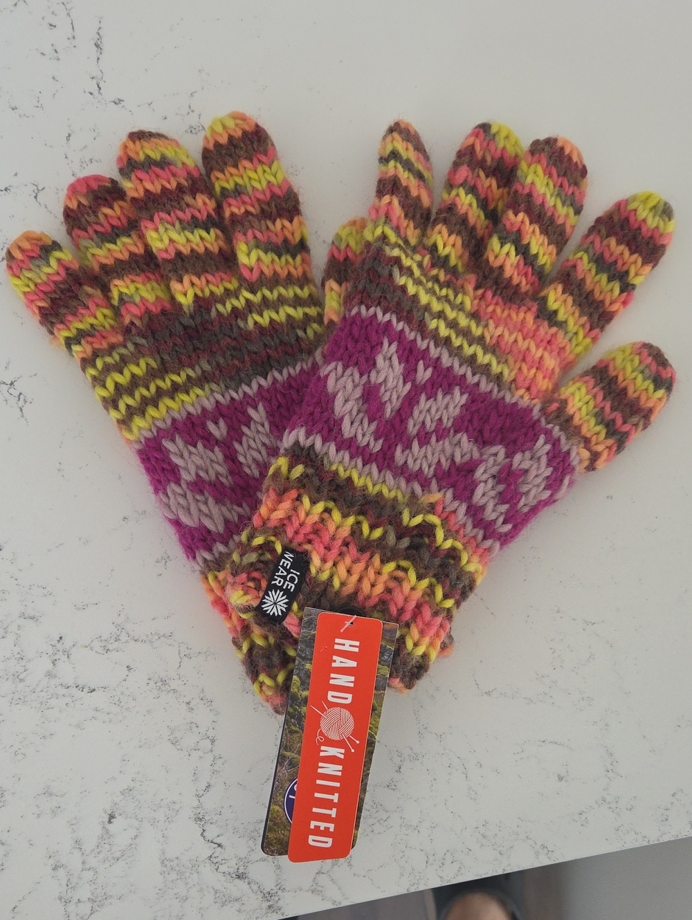 Hand-Knitted Womens Multicolor Wool Blend Gloves
